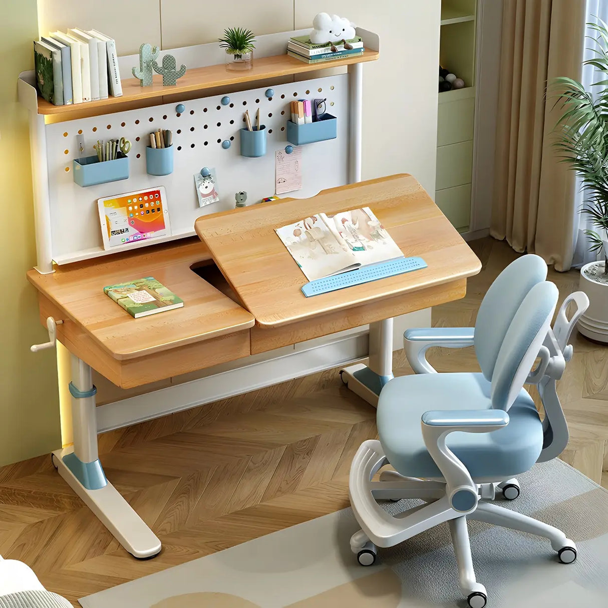 Adjustable Natural Wood Drawers T-Shape Standing Desk Image - 1