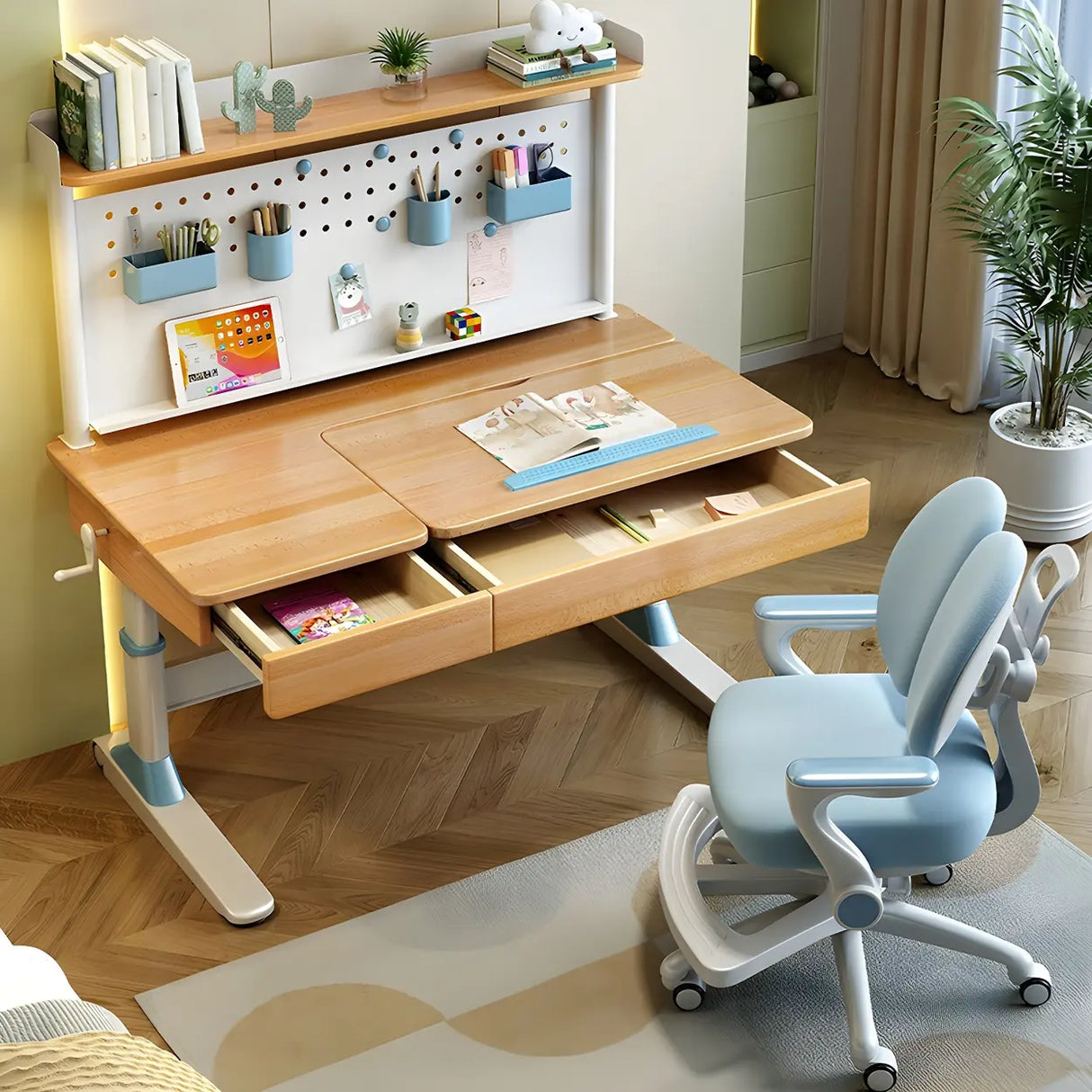 Adjustable Natural Wood Drawers T-Shape Standing Desk Image - 2