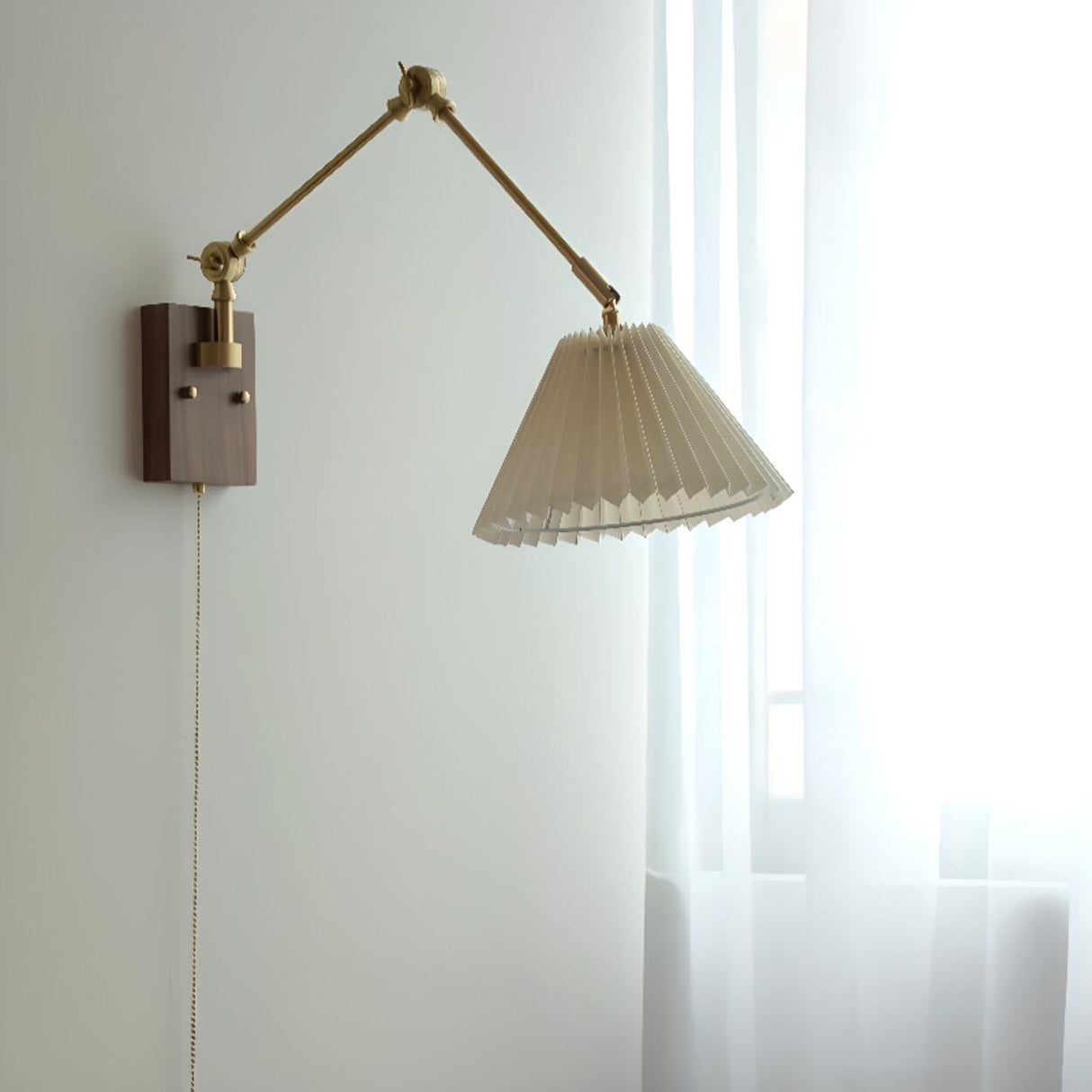 Adjustable Pleated Brass Swing Arm Wall Sconce Image - 2