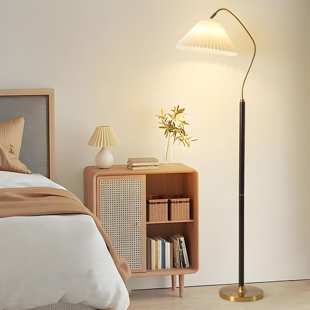 Adjustable Pleated Shade and Gold Metal Floor Lamp Image - 4