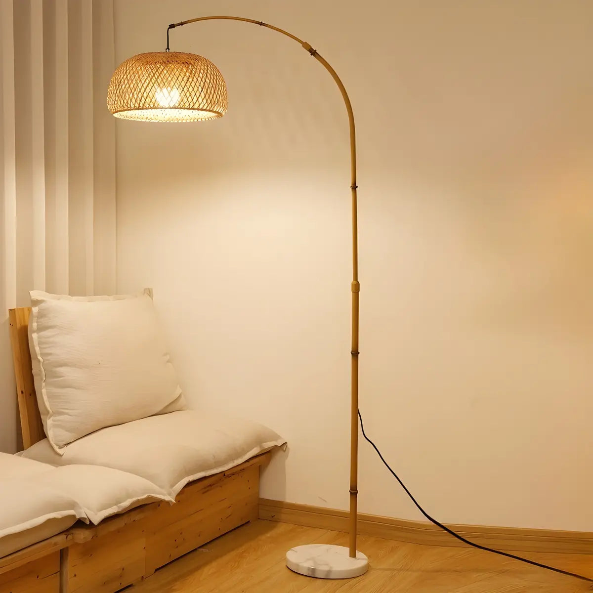 Adjustable Rattan Bowl Bamboo Arc Metal Floor Lamp Image - 1