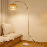 Adjustable Rattan Bowl Bamboo Arc Metal Floor Lamp Image - 1