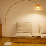 Adjustable Rattan Bowl Bamboo Arc Metal Floor Lamp Image - 4