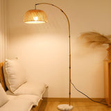 Adjustable Rattan Bowl Bamboo Arc Metal Floor Lamp Image - 5