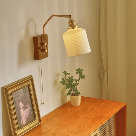 Adjustable Walnut Cylinder Pull String Wall Sconce Image - 1