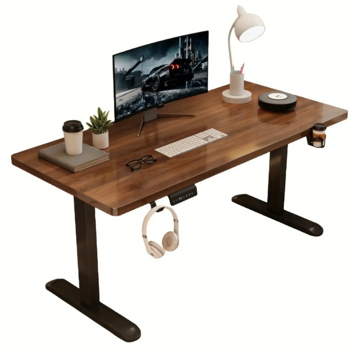 Adjustable Walnut Wood Rectangle T-Shape Standing Desk Image - 10