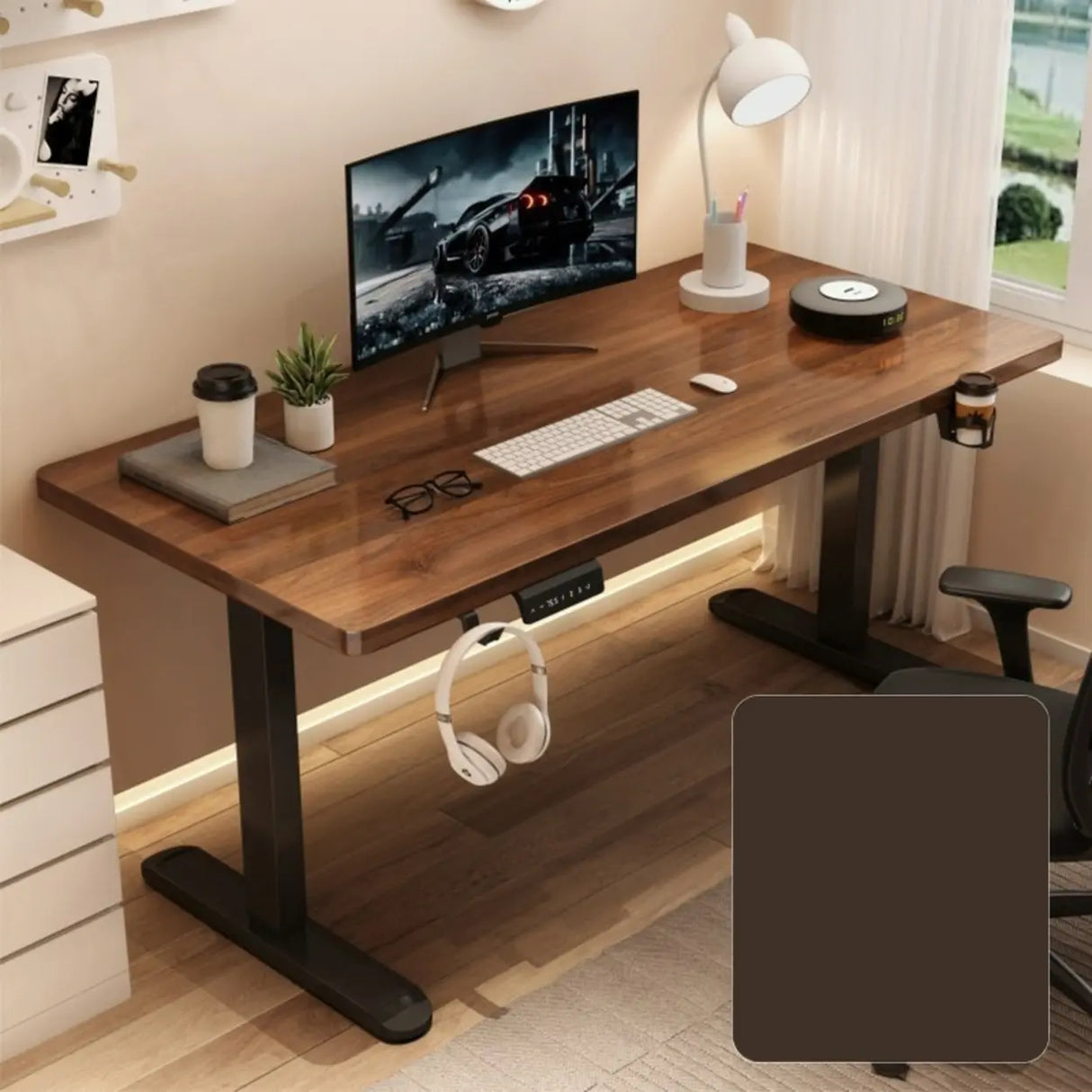 Adjustable Walnut Wood Rectangle T-Shape Standing Desk Image - 11