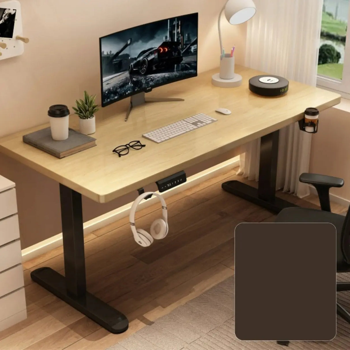 Adjustable Walnut Wood Rectangle T-Shape Standing Desk Image - 5