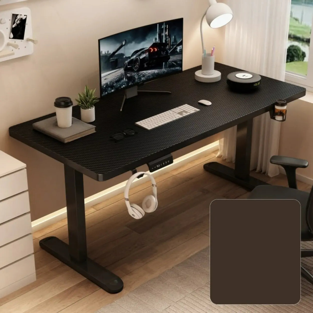 Adjustable Walnut Wood Rectangle T-Shape Standing Desk Image - 9