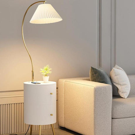 Adjustable White Modern Tripod Floor Lamp with Shelf Image - 1