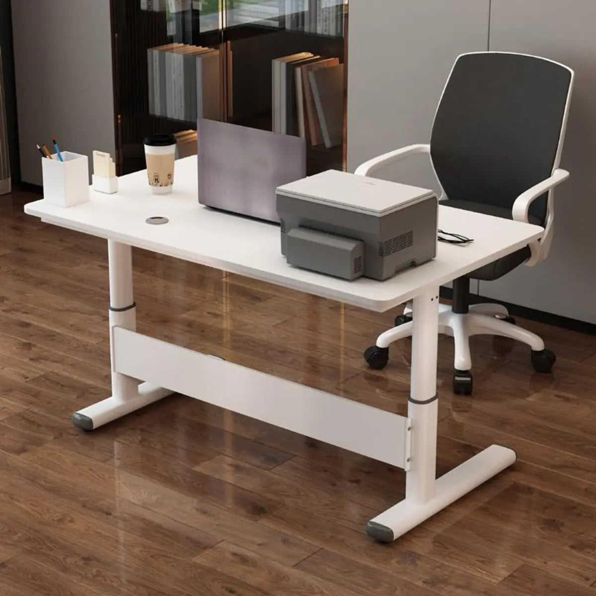 Adjustable White Wood Glass T-Shape Standing Desk Image - 1