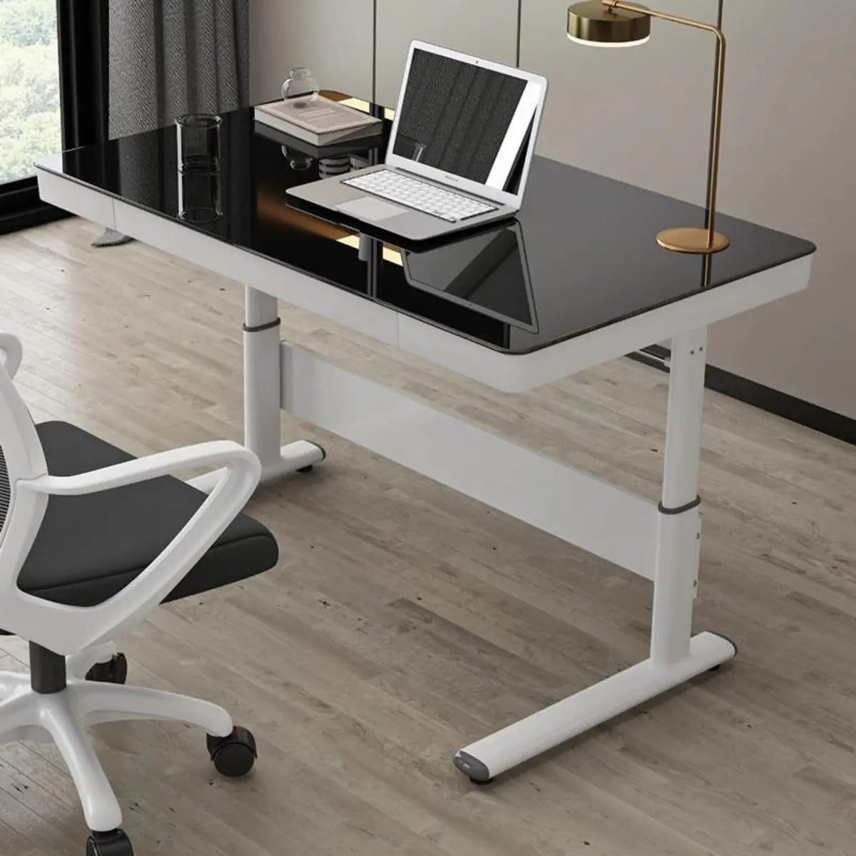 Adjustable White Wood Glass T-Shape Standing Desk Image - 13