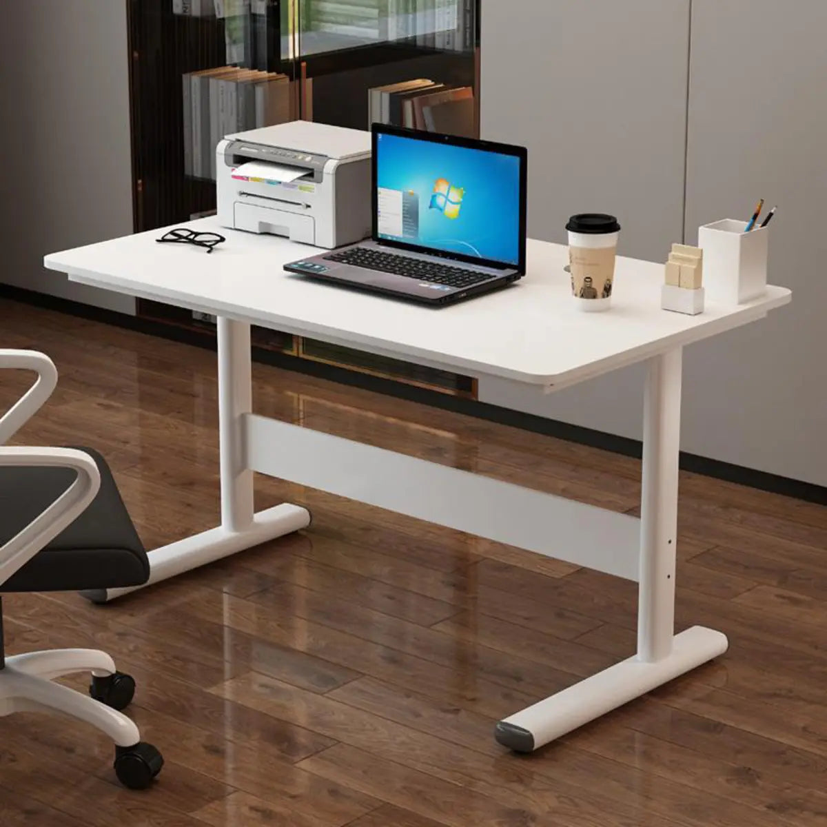 Adjustable White Wood Glass T-Shape Standing Desk Image - 2