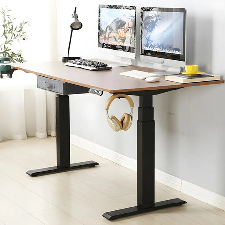 Adjustable Wood Top Black T-Shape Base Standing Desk Image - 1