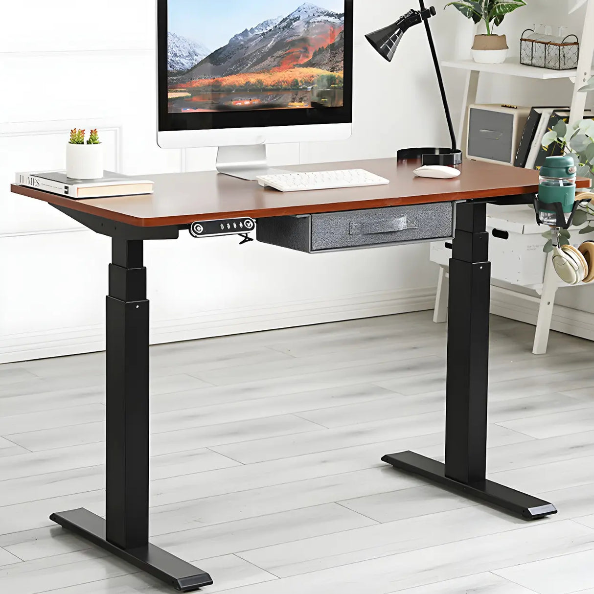 Adjustable Wood Top Black T-Shape Base Standing Desk Image - 4