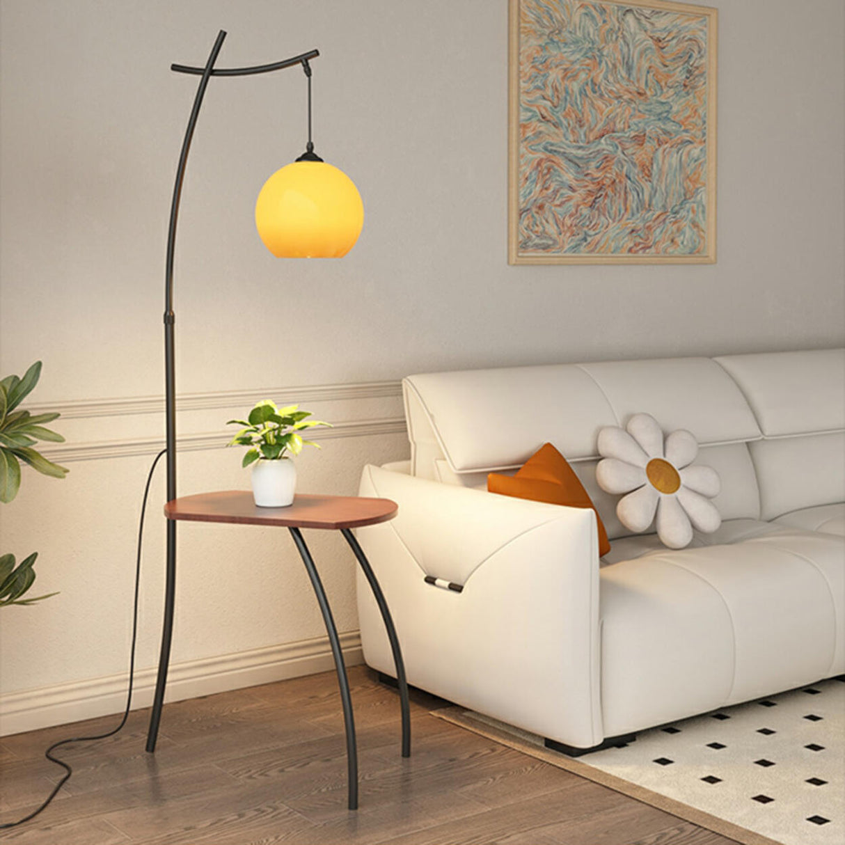 Adjustable Yellow Dome Modern Floor Lamp with Shelf Image - 4