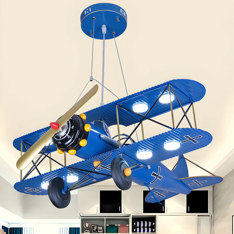 Airplane Cast Iron Kids Room Blue Large LED Chandelier Image - 1