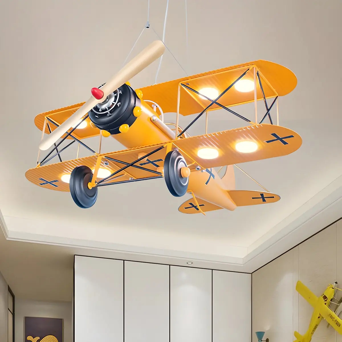 Airplane Cast Iron Kids Room Blue Large LED Chandelier Image - 5