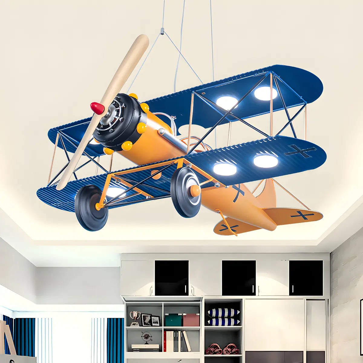 Airplane Cast Iron Kids Room Blue Large LED Chandelier Image - 9