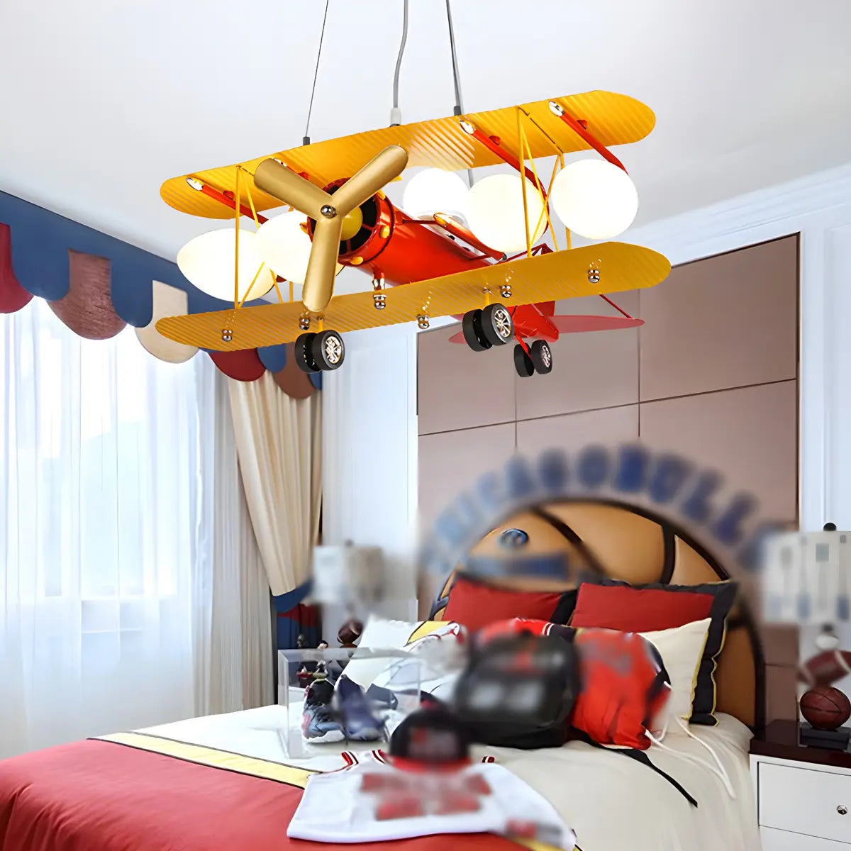 Airplane Cast Iron Kids Room Yellow 5-Light Chandelier Image - 1