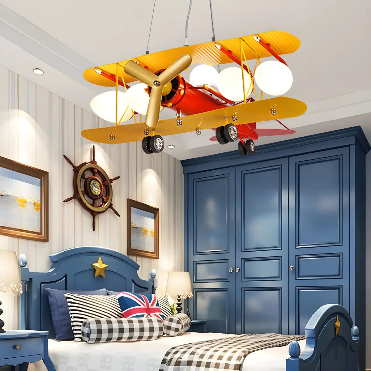 Airplane Cast Iron Kids Room Yellow 5-Light Chandelier Image - 2