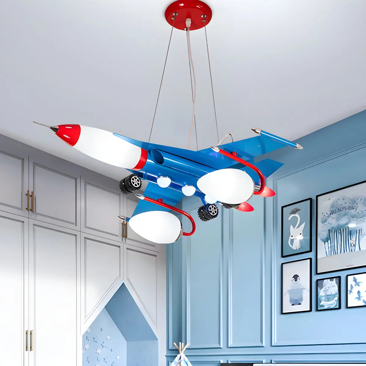 Airplane Metal Kids Room Blue Large LED Chandelier Image - 3