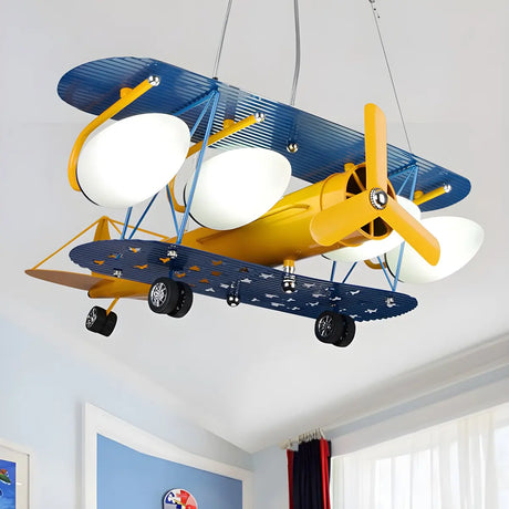 Airplane Metal Kids Room Blue Yellow 5-Light Chandelier Image - 1