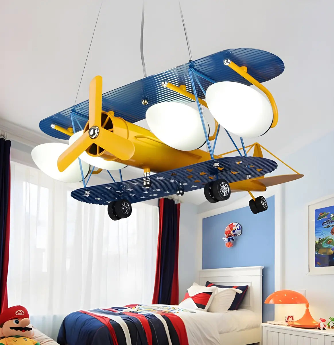 Airplane Metal Kids Room Blue Yellow 5-Light Chandelier Image - 11