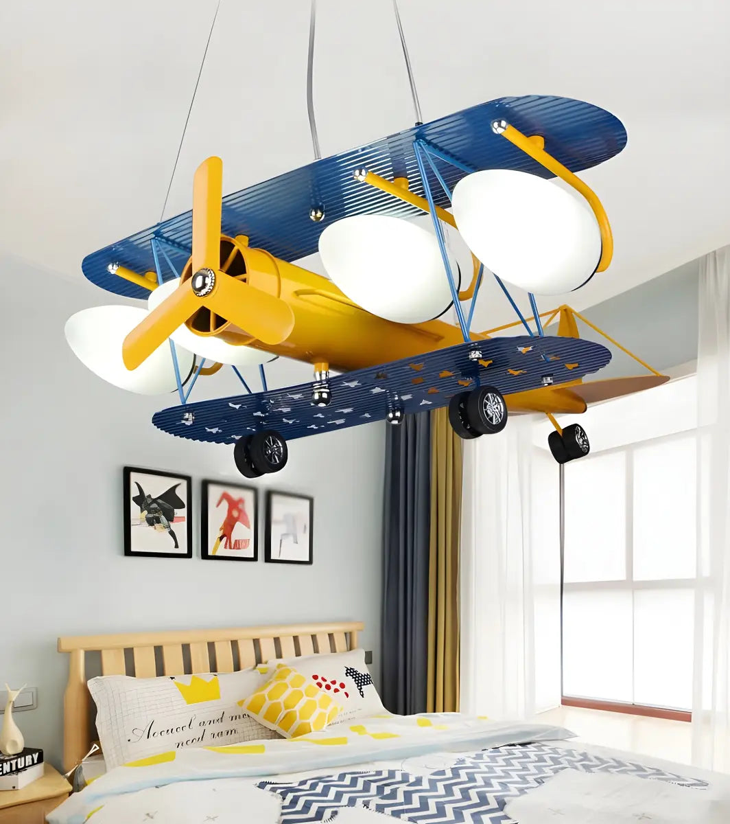 Airplane Metal Kids Room Blue Yellow 5-Light Chandelier Image - 12