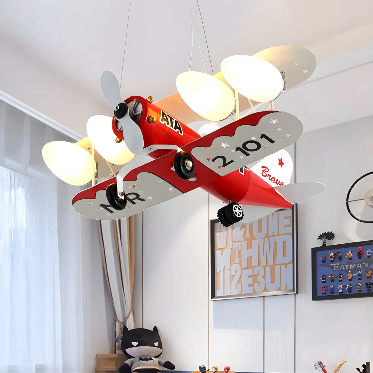 Airplane Metal Kids Room Red 4-Light Medium Chandelier Image - 1