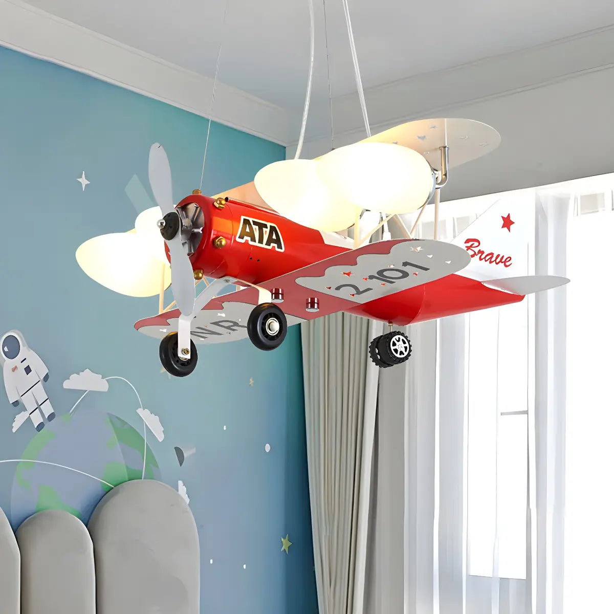 Airplane Metal Kids Room Red 4-Light Medium Chandelier Image - 2