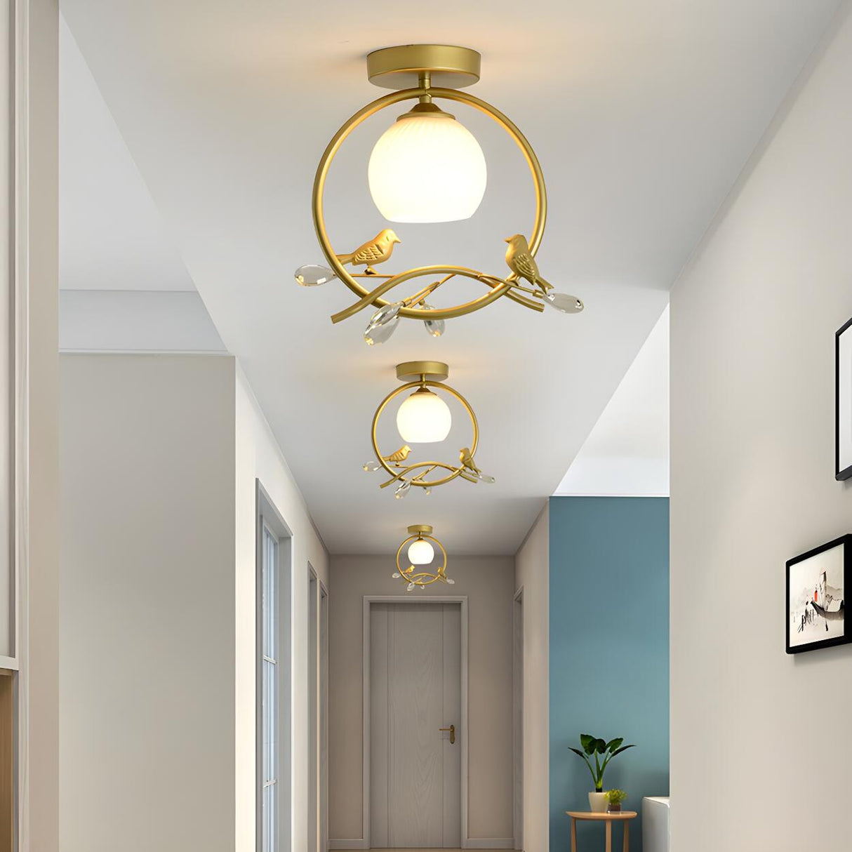 Aisle Gold Ring Bird Mini Semi-Flush Mount Ceiling Lamp Image - 2