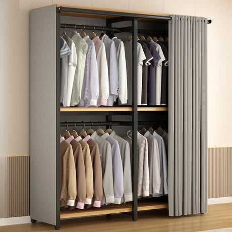 Alloy Grey Sliding Door Shelves Wardrobe with Clothing Rod Image - 1