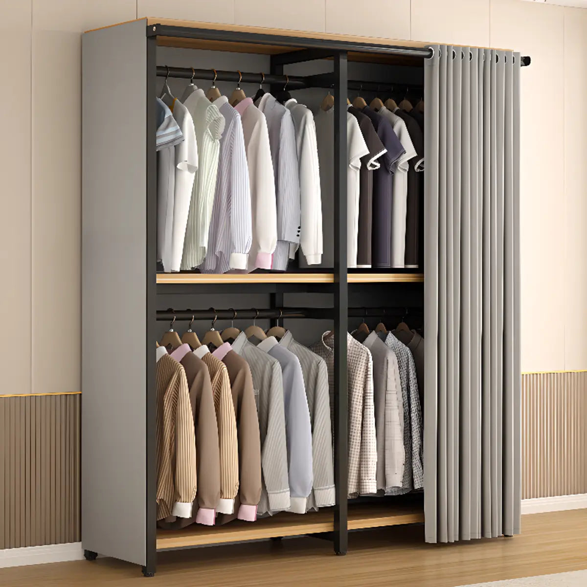 Alloy Grey Sliding Door Shelves Wardrobe with Clothing Rod Image - 2