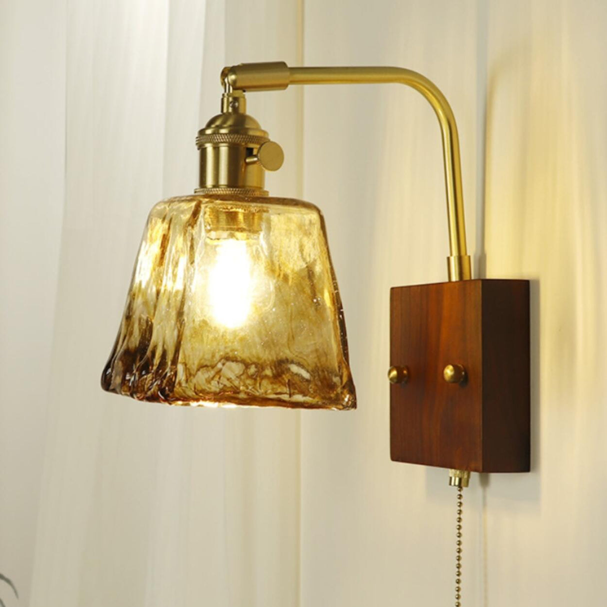 Amber Glass Walnut Wood Bell Pull String Wall Sconce Image - 1