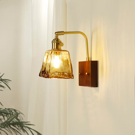 Amber Glass Walnut Wood Bell Pull String Wall Sconce Image - 2