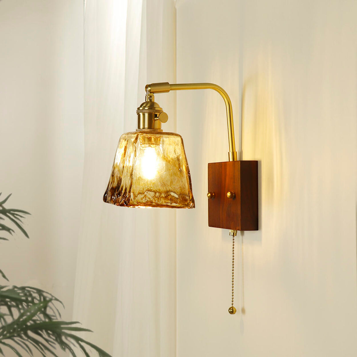 Amber Glass Walnut Wood Bell Pull String Wall Sconce Image - 3