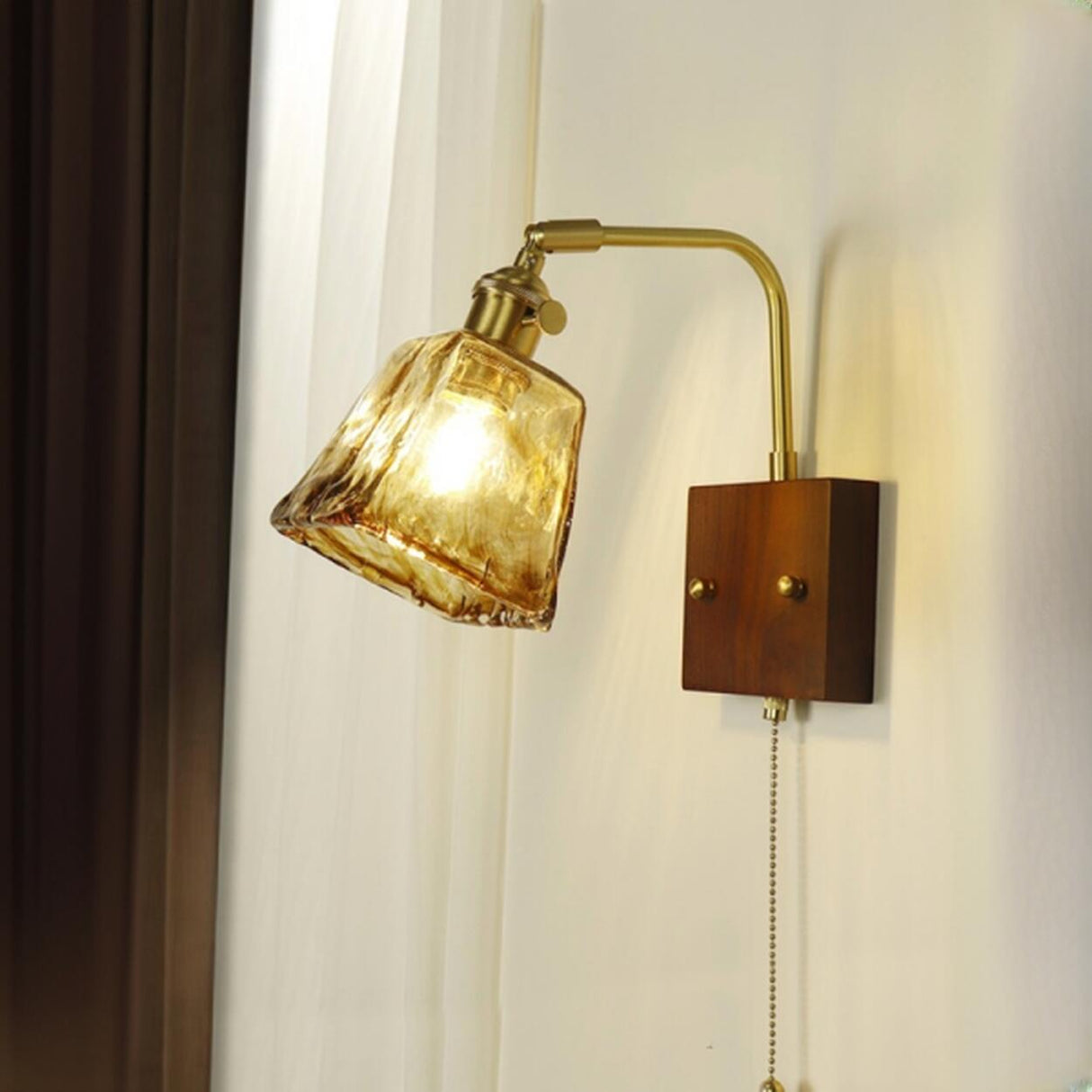 Amber Glass Walnut Wood Bell Pull String Wall Sconce Image - 5