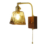 Amber Glass Walnut Wood Bell Pull String Wall Sconce Image - 7