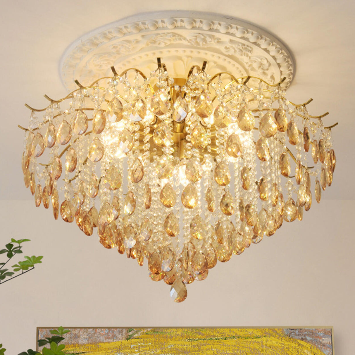 Amber Raindrop Crystal Semi-Flush Mount Ceiling Light Image - 4