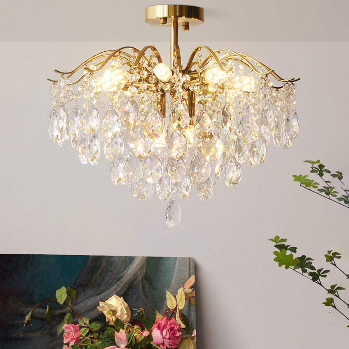 Amber Raindrop Crystal Semi-Flush Mount Ceiling Light Image - 8