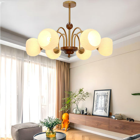 American Wood and Brass Ribbed Glass Pendant Chandelier Image - 1