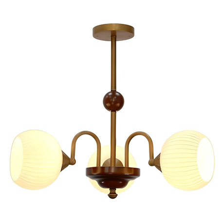 American Wood and Brass Ribbed Glass Pendant Chandelier Image - 2