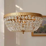 Antique Brass Bowl Crystal Flush Mount Ceiling Light Image - 1