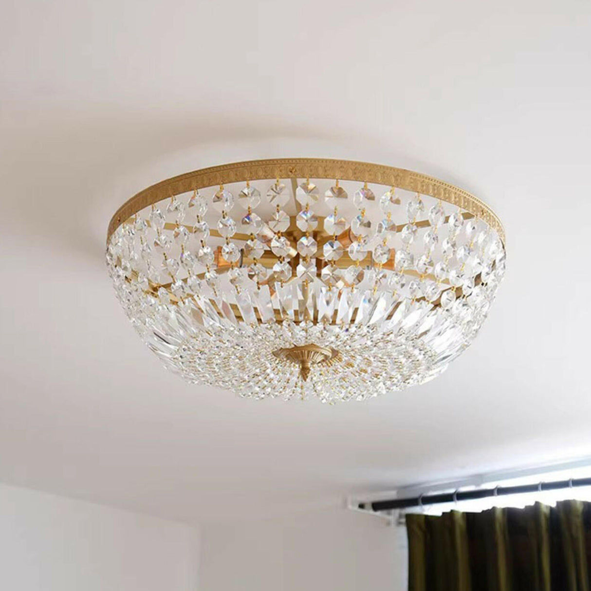 Antique Brass Bowl Crystal Flush Mount Ceiling Light Image - 14