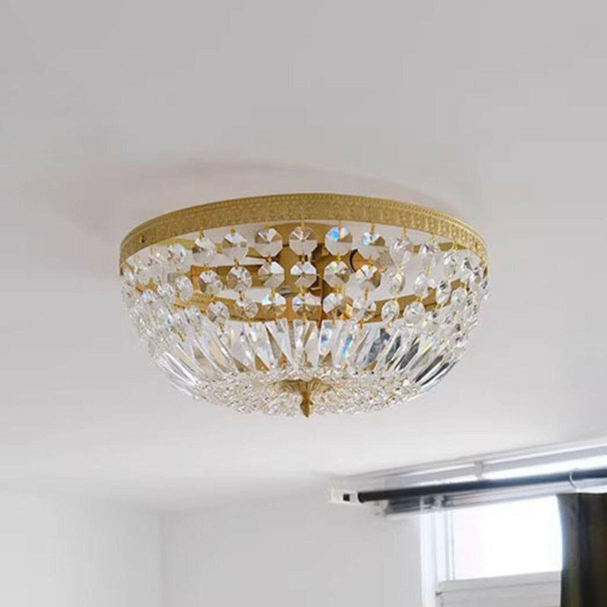 Antique Brass Bowl Crystal Flush Mount Ceiling Light Image - 15