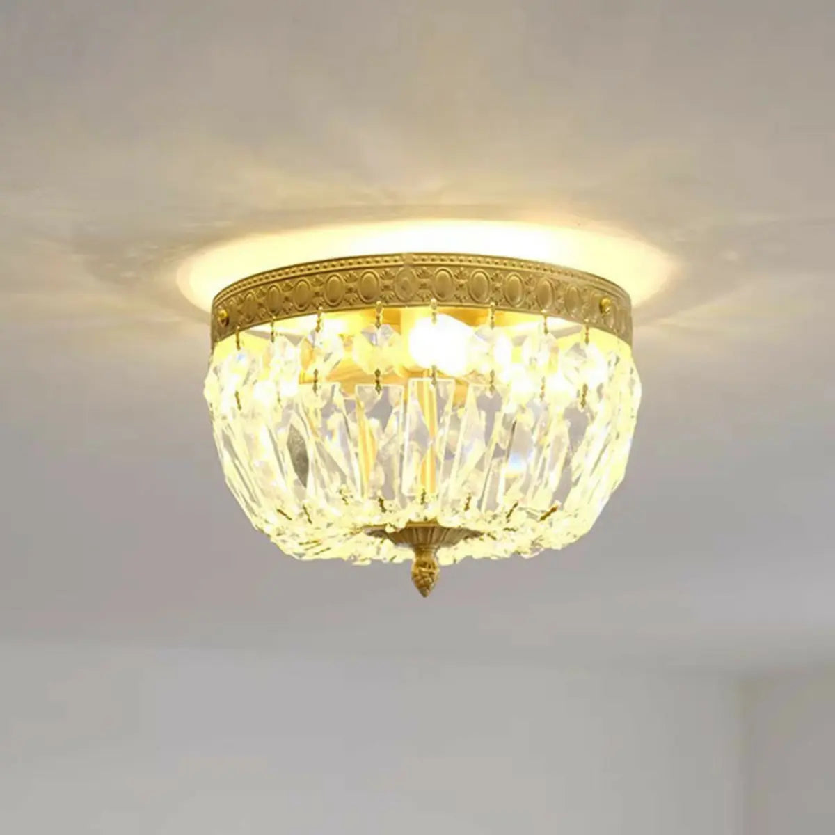 Antique Brass Bowl Crystal Flush Mount Ceiling Light Image - 2