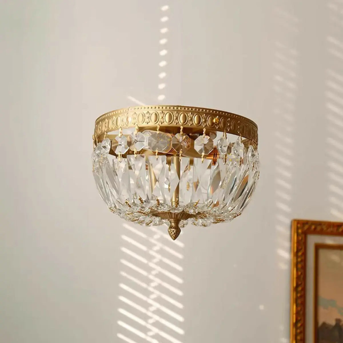 Antique Brass Bowl Crystal Flush Mount Ceiling Light Image - 5