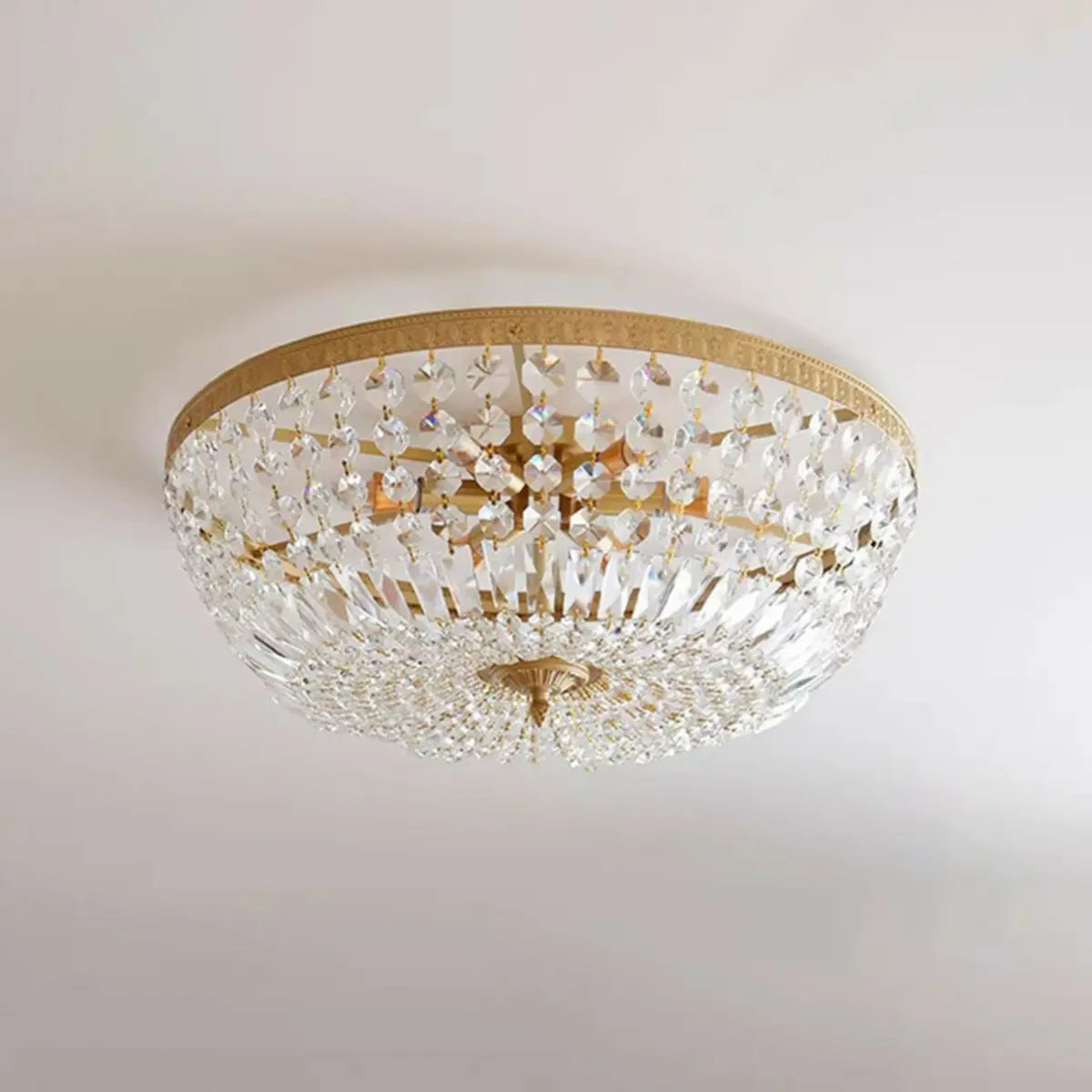 Antique Brass Bowl Crystal Flush Mount Ceiling Light Image - 7