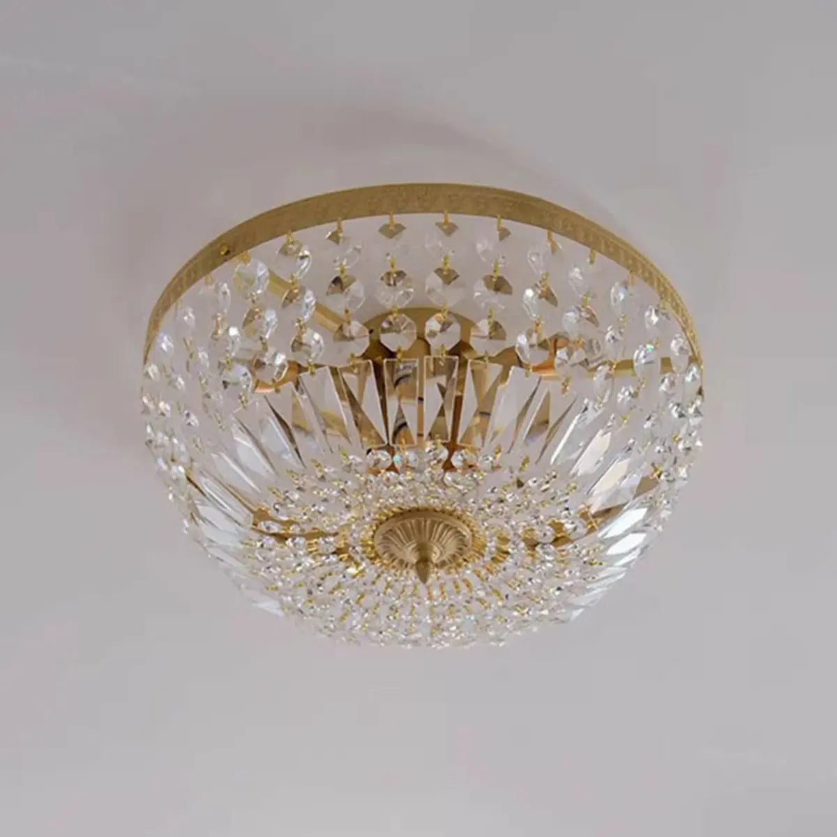 Antique Brass Bowl Crystal Flush Mount Ceiling Light Image - 8